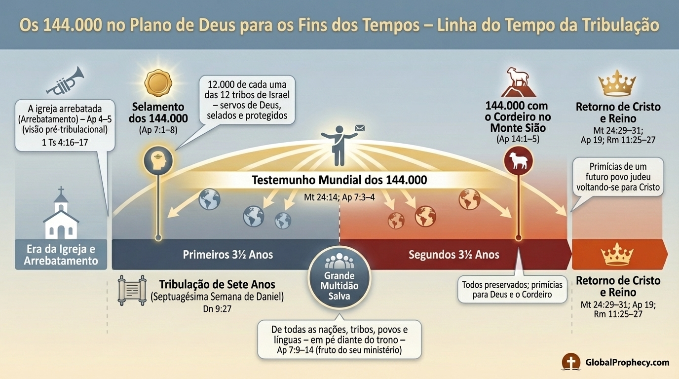 Infográfico cronológico dos 144.000 israelitas selados e seu papel evangelístico durante a Tribulação.
