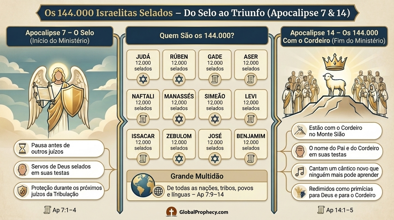 Infográfico mostrando os 144.000 israelitas por tribo e suas cenas de início e fim em Apocalipse 7 e 14.