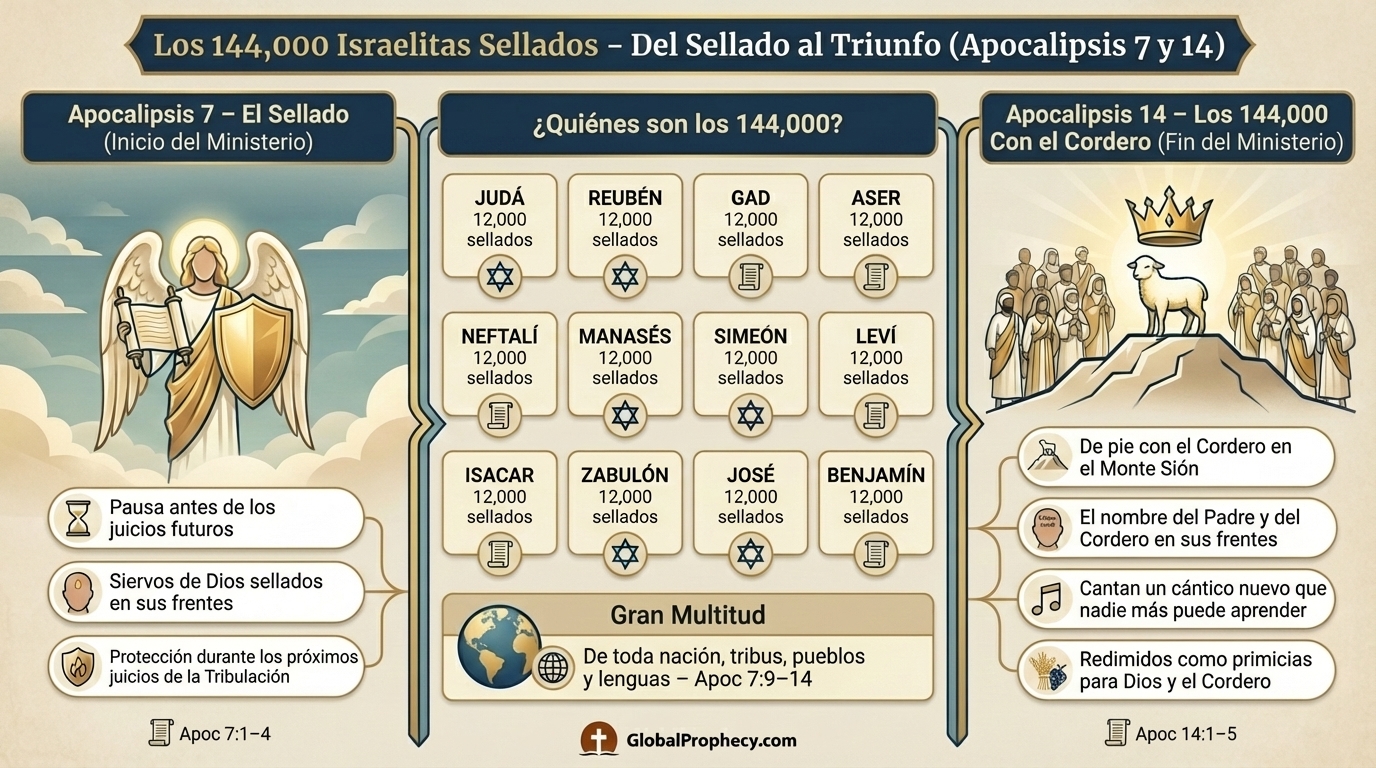 Infografía que muestra los 144,000 israelitas por tribu y sus escenas de inicio y final en Apocalipsis 7 y 14.