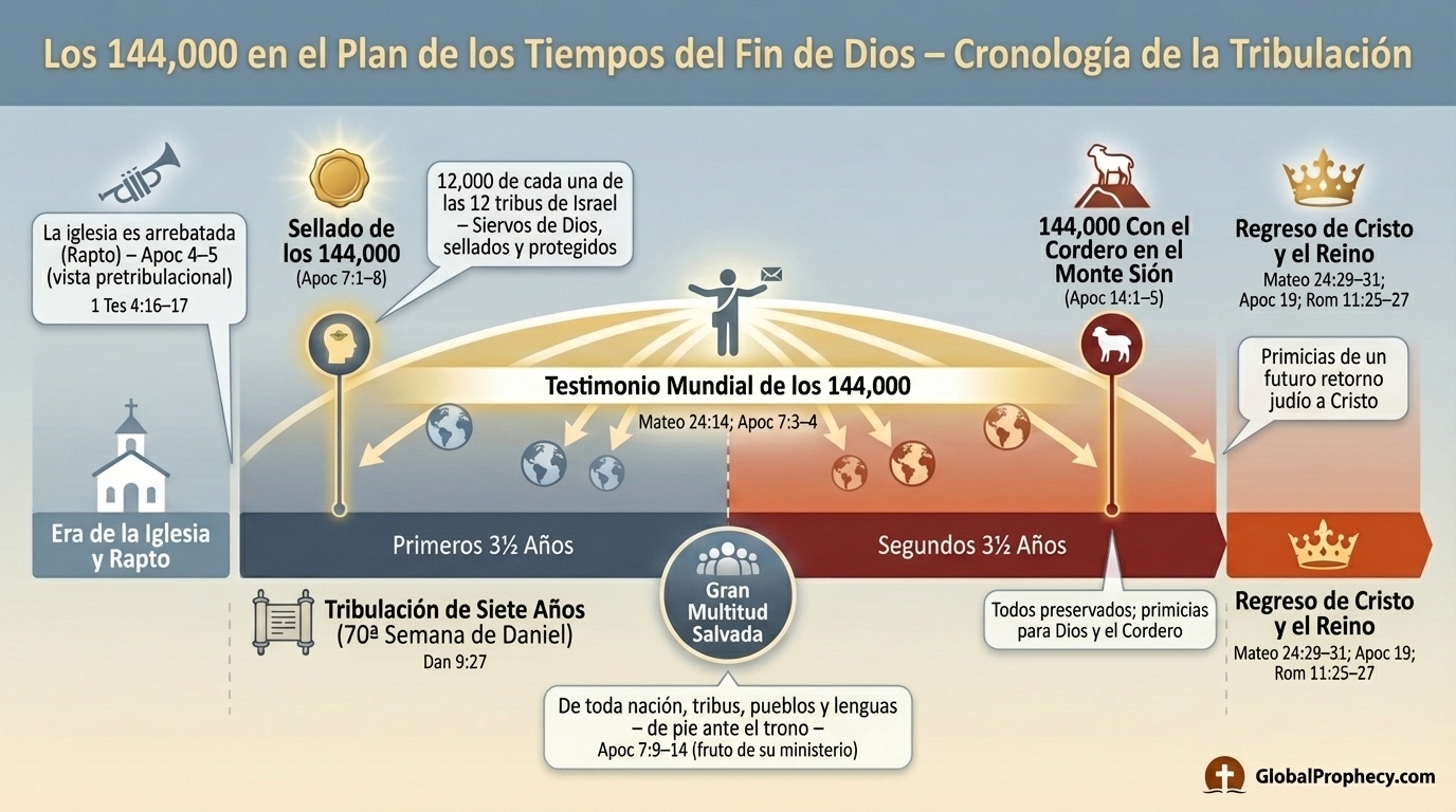 Infografía cronológica de los 144,000 israelitas sellados y su papel evangelístico durante la Tribulación.