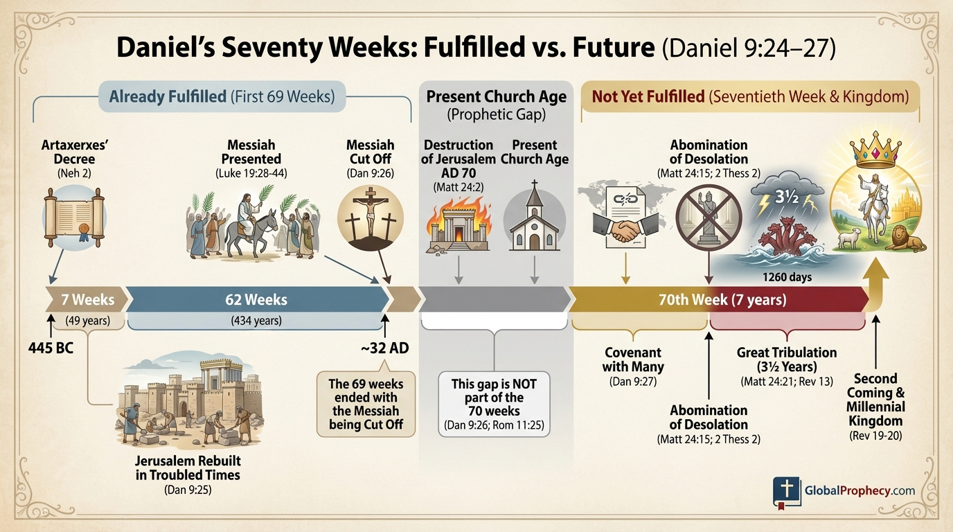 Infographic comparing fulfilled and future elements of Daniel's seventy weeks prophecy.