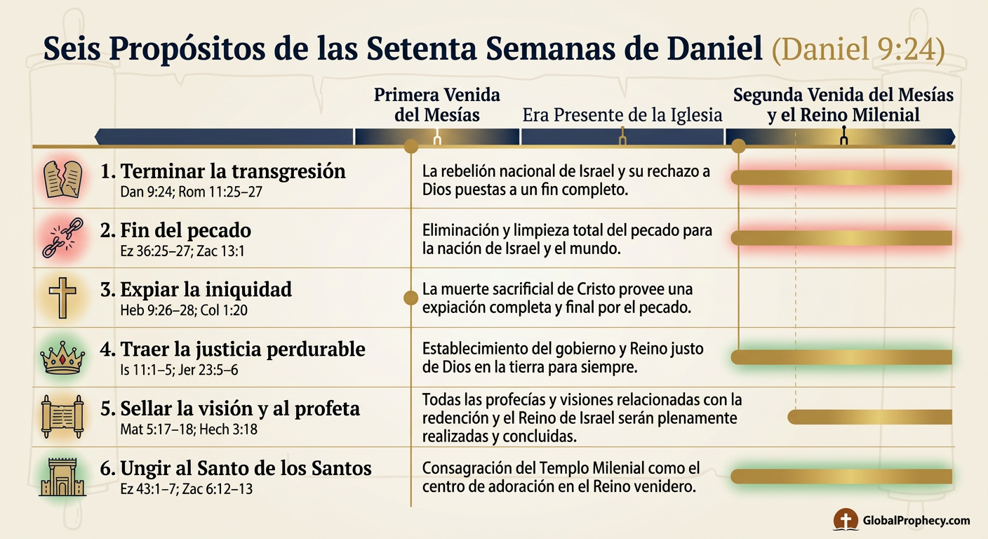 Gráfico informativo que explica los seis propósitos de las setenta semanas de Daniel y su cumplimiento en las dos venidas de Cristo.