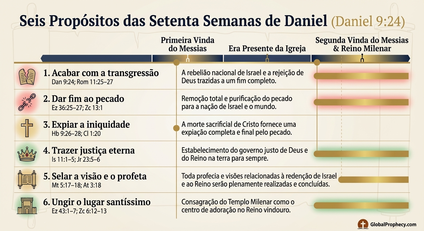 Gráfico informativo explicando os seis propósitos das setenta semanas de Daniel e seu cumprimento nas duas vindas de Cristo.