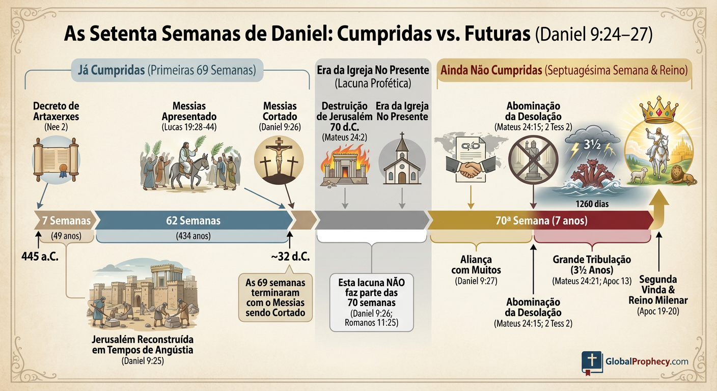 Infográfico comparando elementos cumpridos e futuros da profecia das setenta semanas de Daniel.