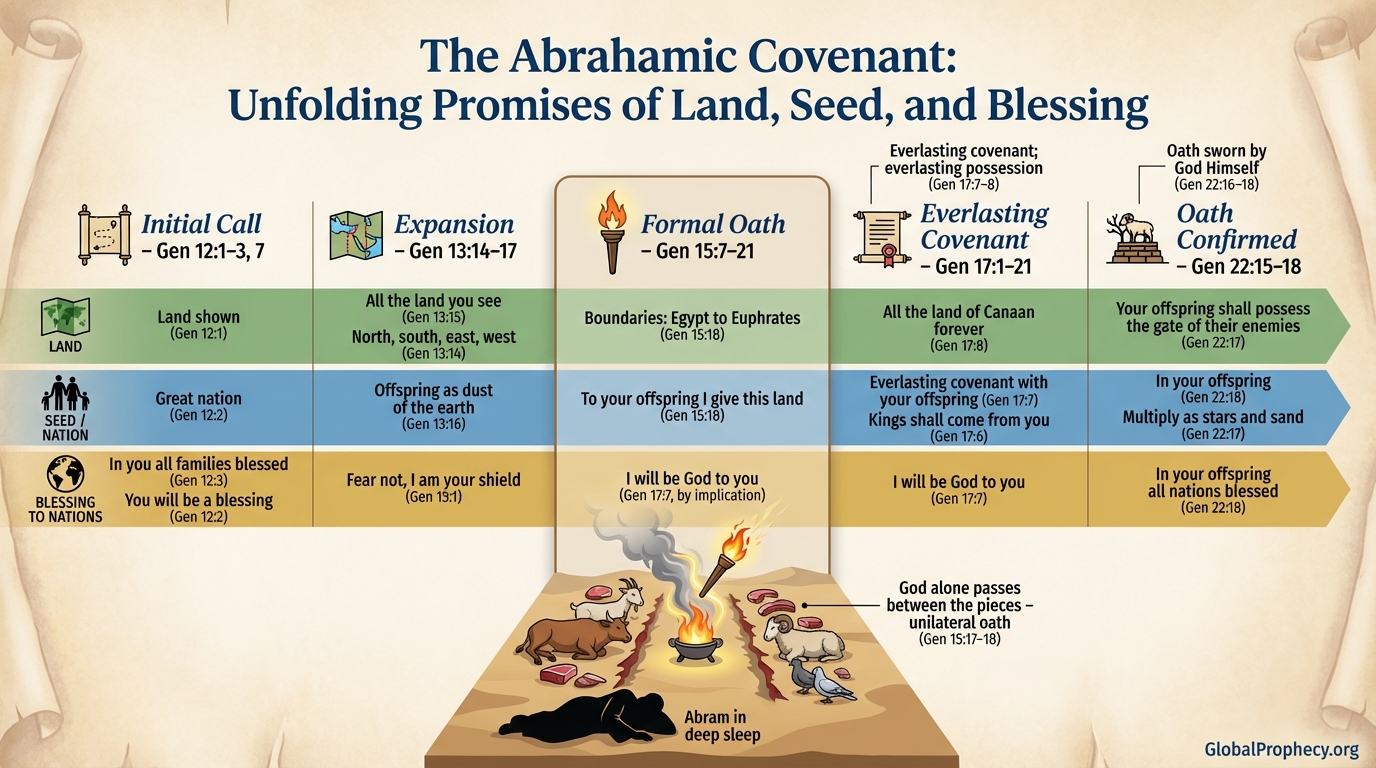 Infographic timeline showing how God's promises of land, seed, and blessing unfold in Genesis.