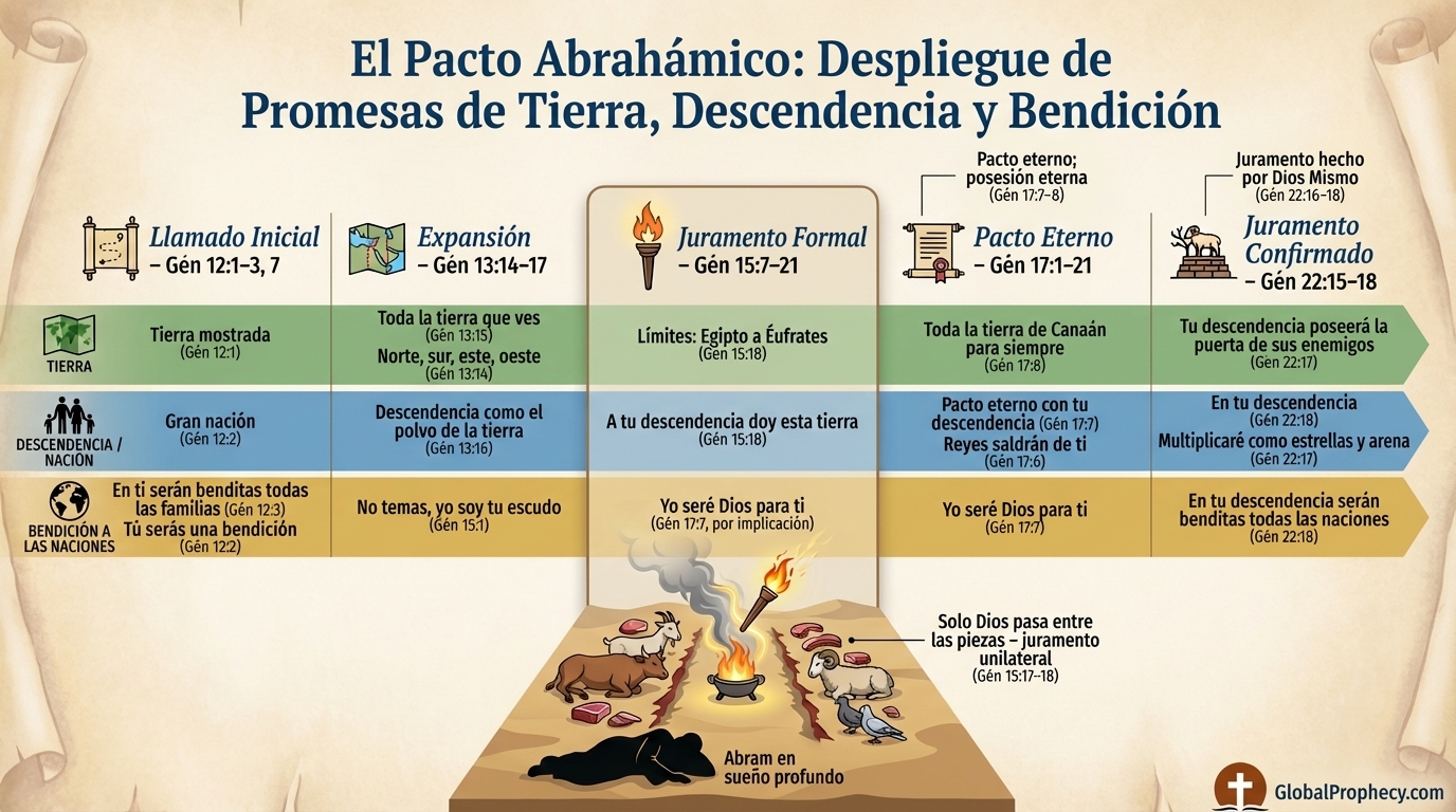 Línea de tiempo infográfica que muestra cómo se desarrollan las promesas de tierra, descendencia y bendición de Dios en Génesis.