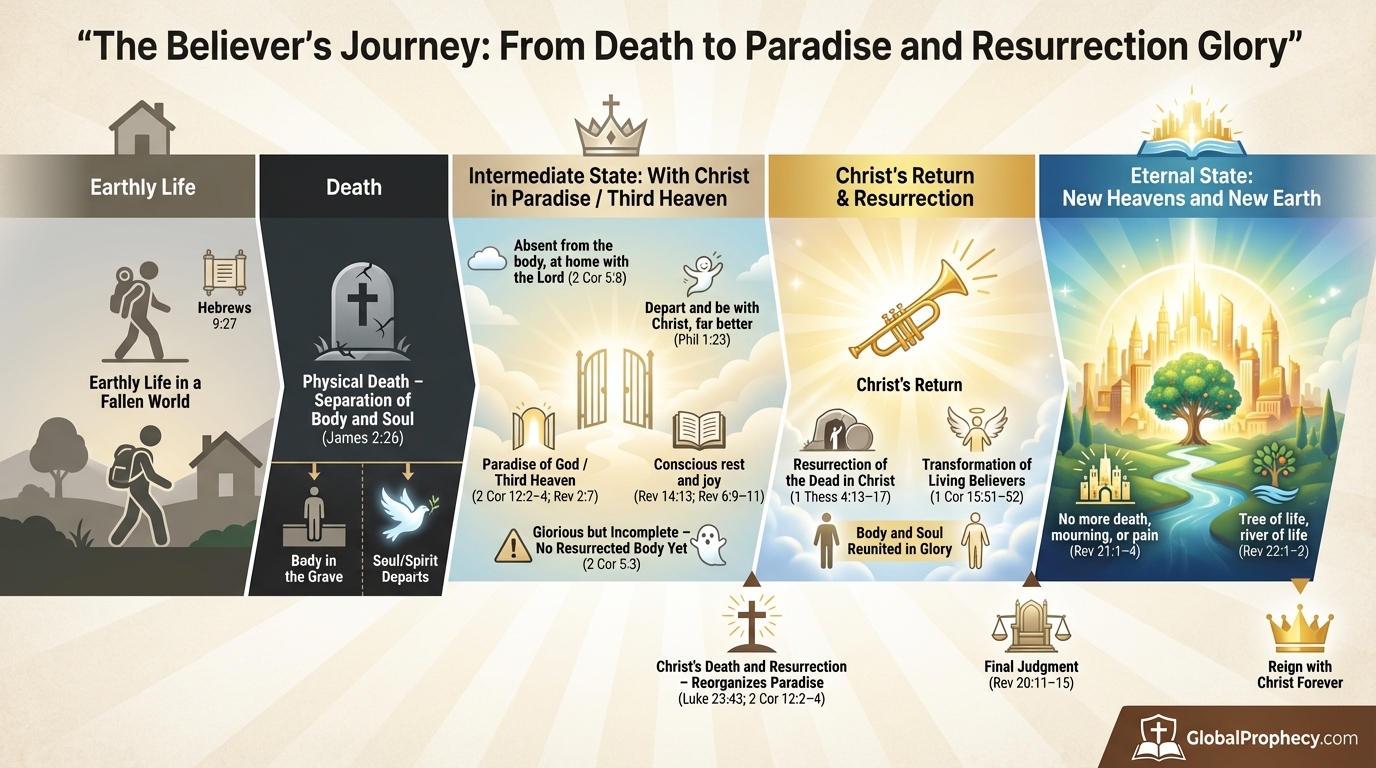 Timeline infographic of a believer’s journey from death to Paradise, resurrection, and the eternal state.