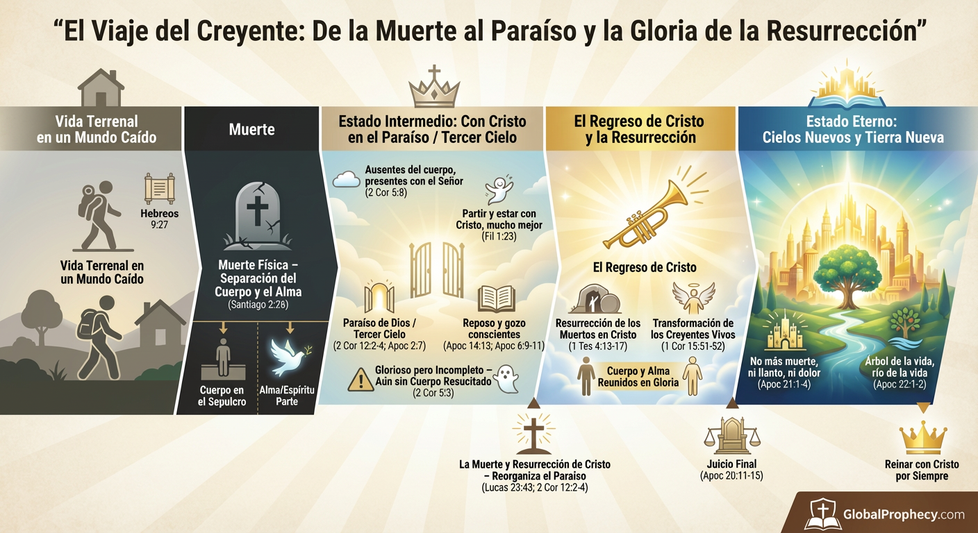 Infografía cronológica del viaje de un creyente desde la muerte hasta el Paraíso, la resurrección y el estado eterno.
