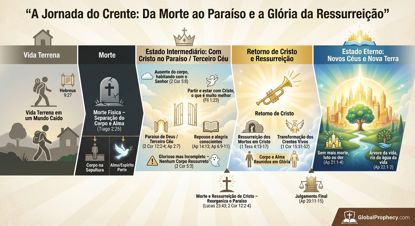 Infográfico cronológico da jornada de um crente da morte ao Paraíso, ressurreição e estado eterno.