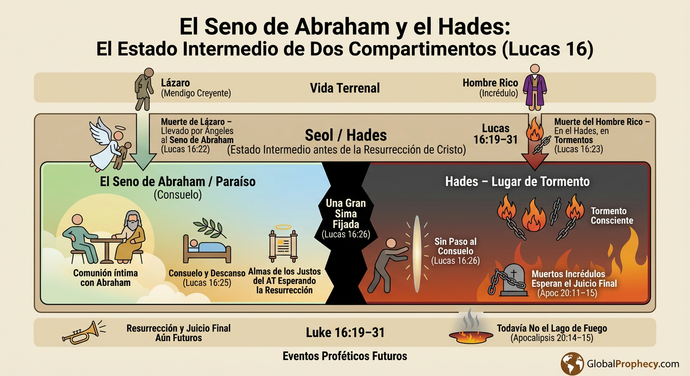 Diagrama infográfico del seno de Abraham y Hades como dos compartimentos del estado intermedio.
