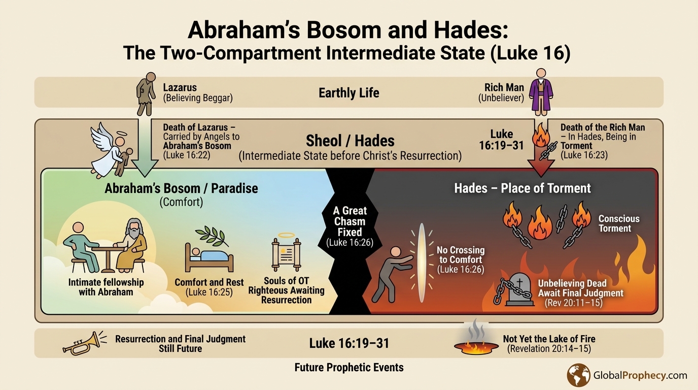Infographic diagram of Abraham’s bosom and Hades as two compartments of the intermediate state.