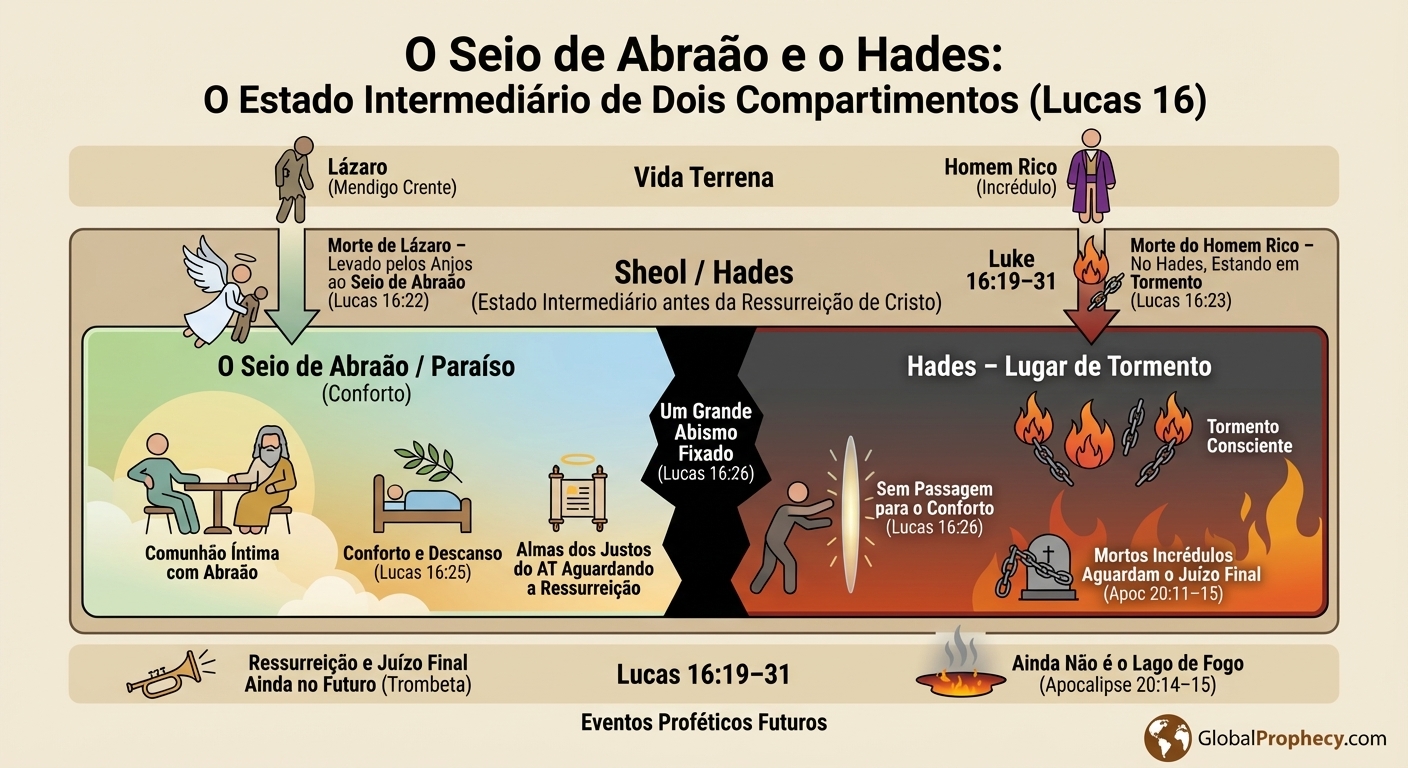 Diagrama infográfico do seio de Abraão e Hades como dois compartimentos do estado intermediário.
