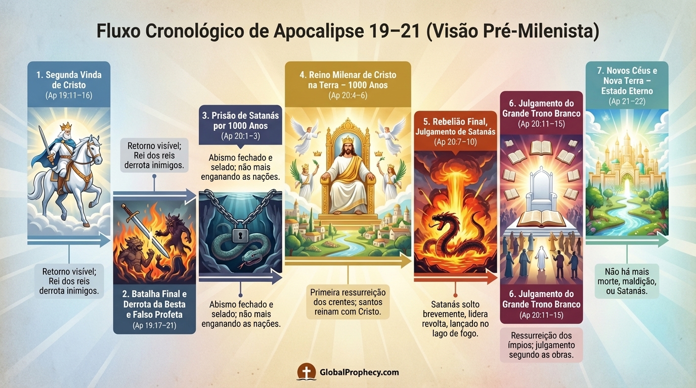 Infográfico de linha do tempo mostrando a sequência pré-milenar de Apocalipse 19 a 21, incluindo o milênio.