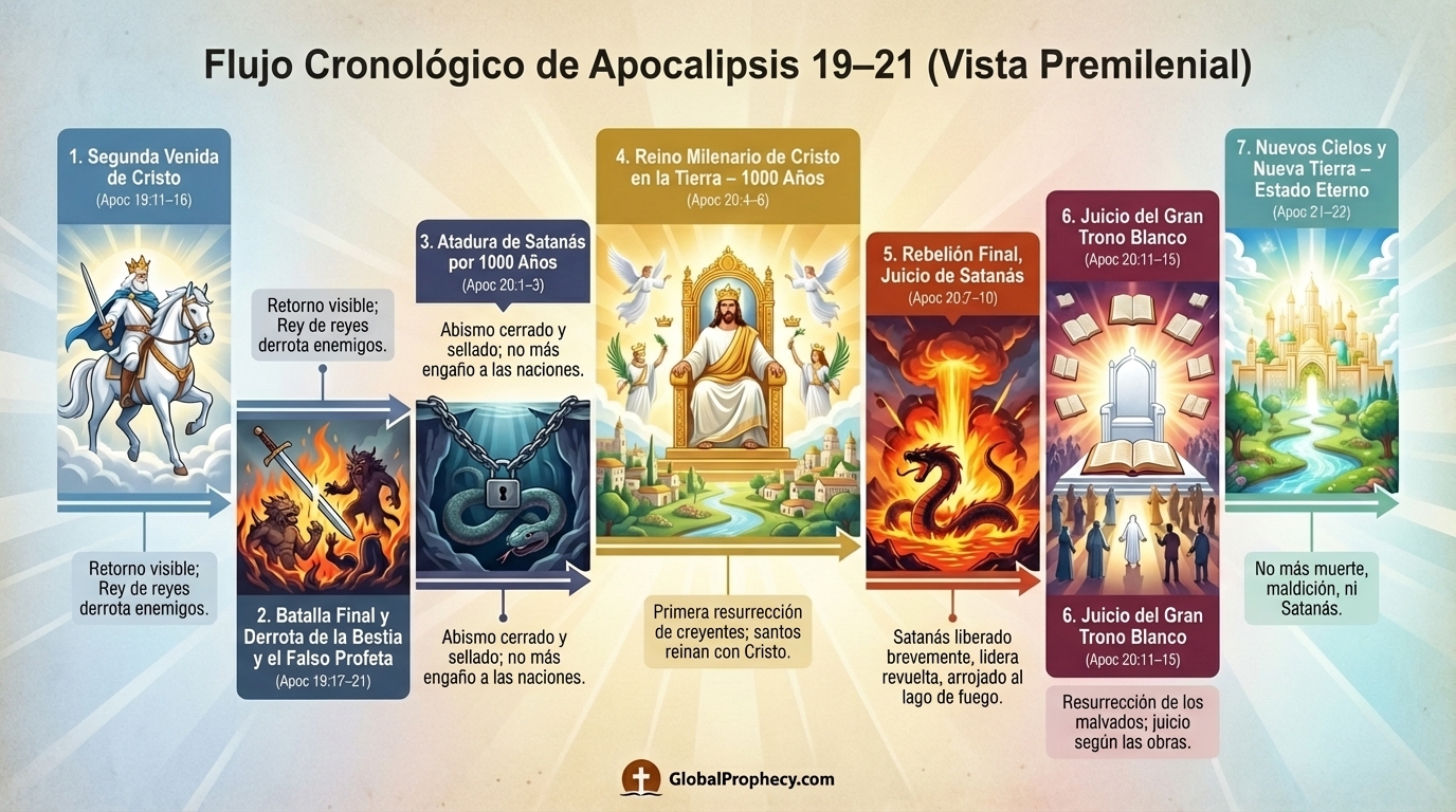 Infografía de línea de tiempo que muestra la secuencia premilenial desde Apocalipsis 19 hasta 21, incluyendo el milenio.