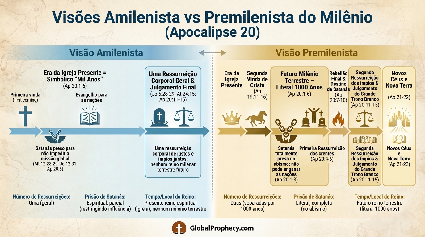 Infográfico comparando as interpretações amilenista e pré-milenista do milênio em Apocalipse 20.