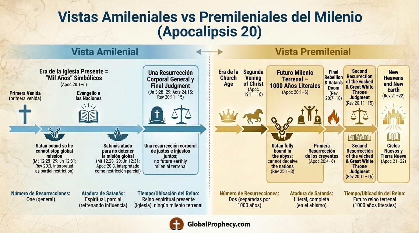 Infografía que compara las interpretaciones amilenial y premilenial del milenio en Apocalipsis 20.