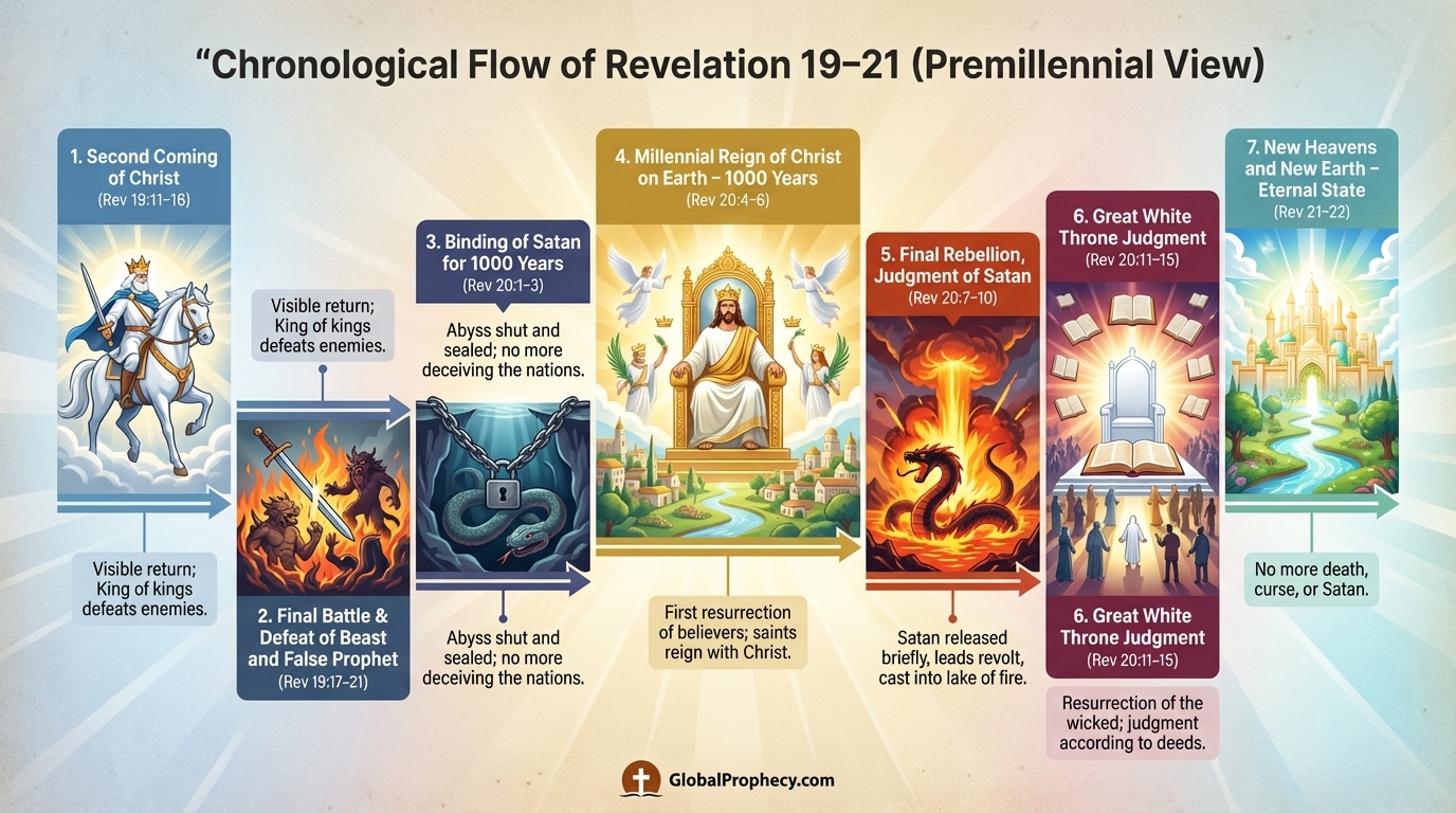 Timeline infographic showing premillennial sequence from Revelation 19 to 21, including the millennium.