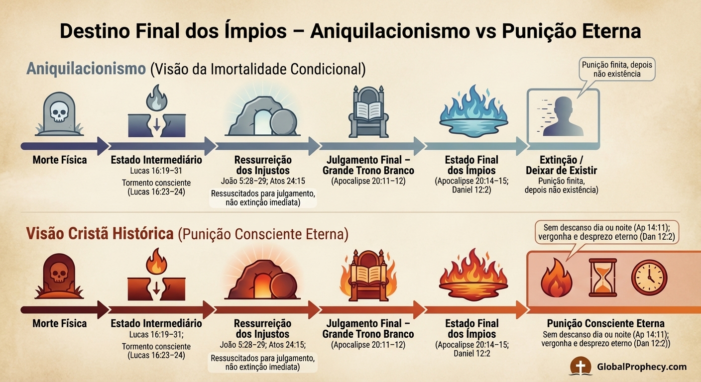Infográfico de linha do tempo contrastando o aniquilacionismo com a punição consciente eterna no destino final dos ímpios.