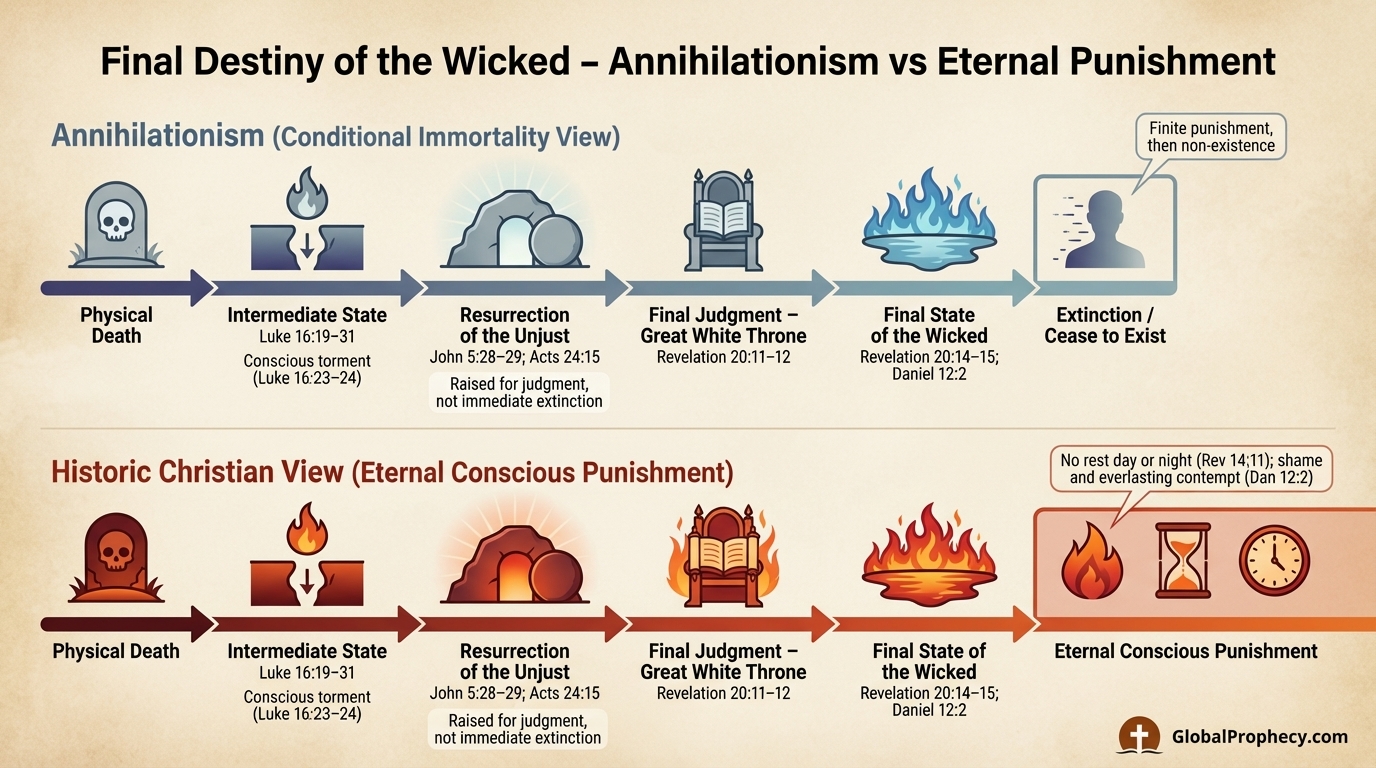 Timeline infographic contrasting annihilationism with eternal conscious punishment in the final destiny of the wicked.