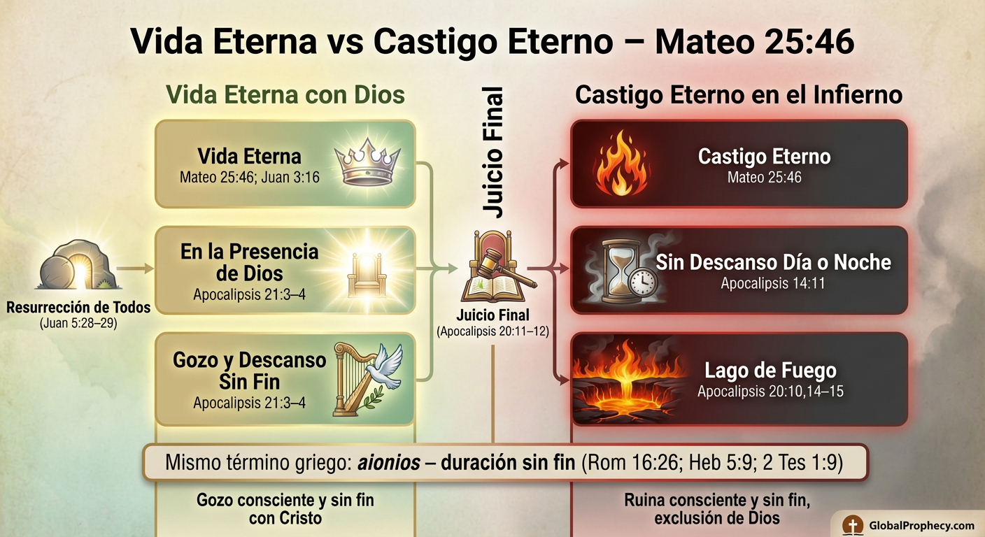 Infografía que compara la vida eterna con el castigo eterno basado en Mateo 25:46 y textos relacionados.