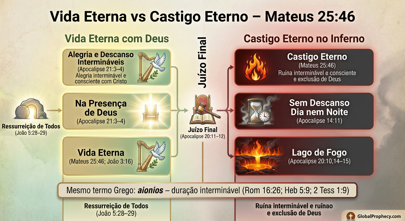 Infográfico comparando a vida eterna com o castigo eterno com base em Mateus 25:46 e textos relacionados.