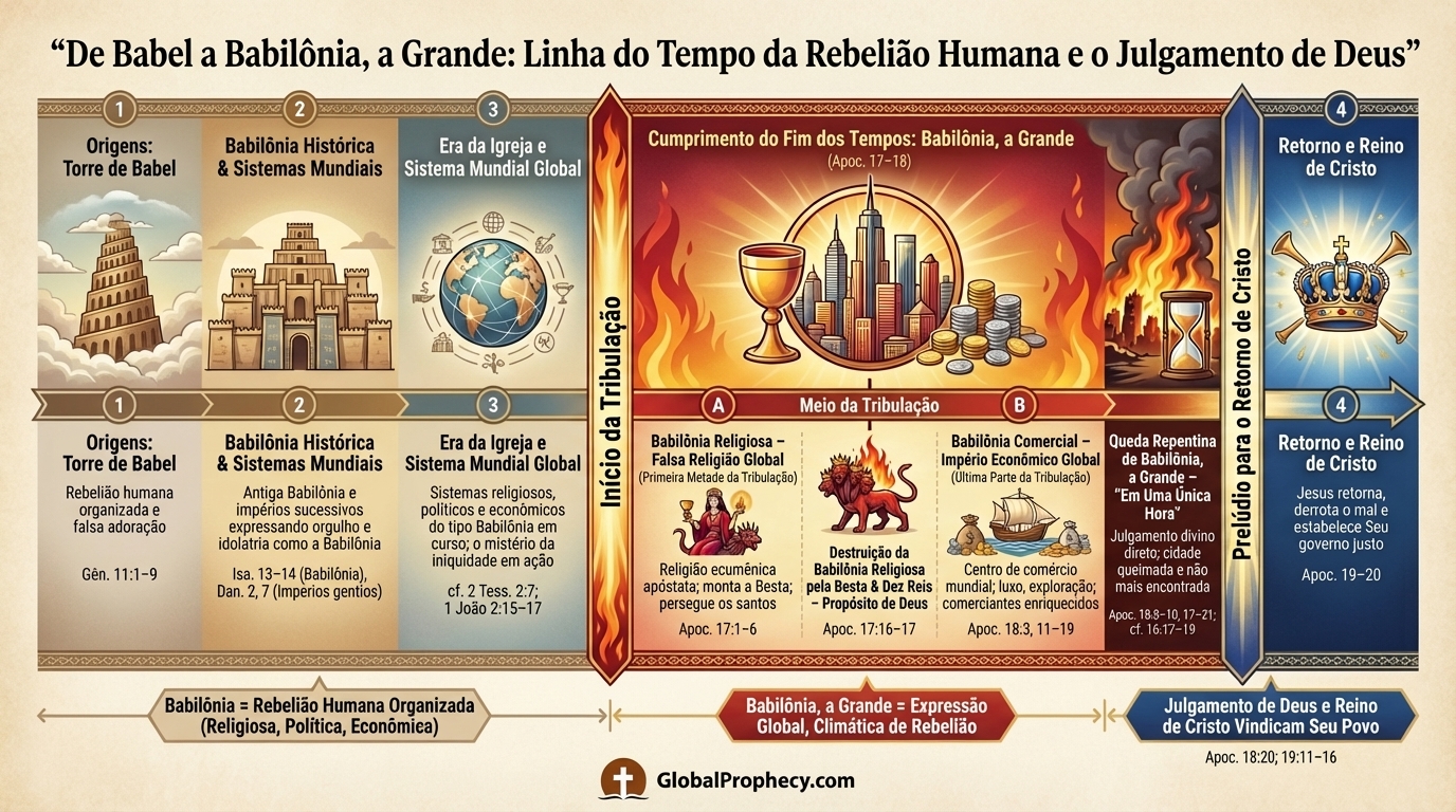 Linha do tempo em infográfico traçando a Babilônia desde a torre de Babel até a queda da Grande Babilônia e o retorno de Cristo.