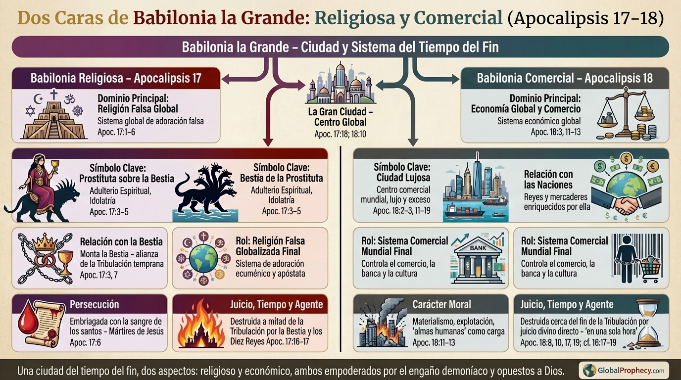 Infografía que compara la Babilonia religiosa en Apocalipsis 17 con la Babilonia comercial en Apocalipsis 18.