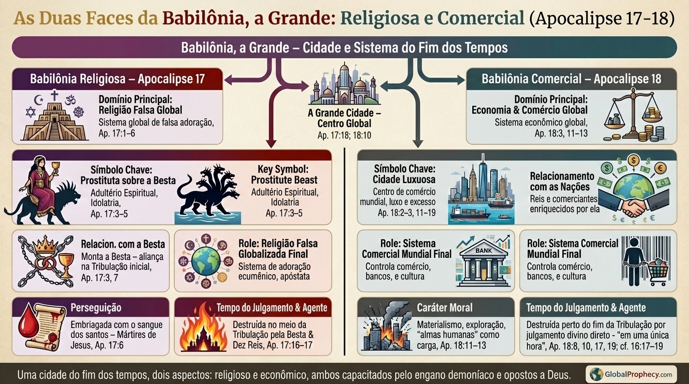 Infográfico comparando a Babilônia religiosa em Apocalipse 17 com a Babilônia comercial em Apocalipse 18.
