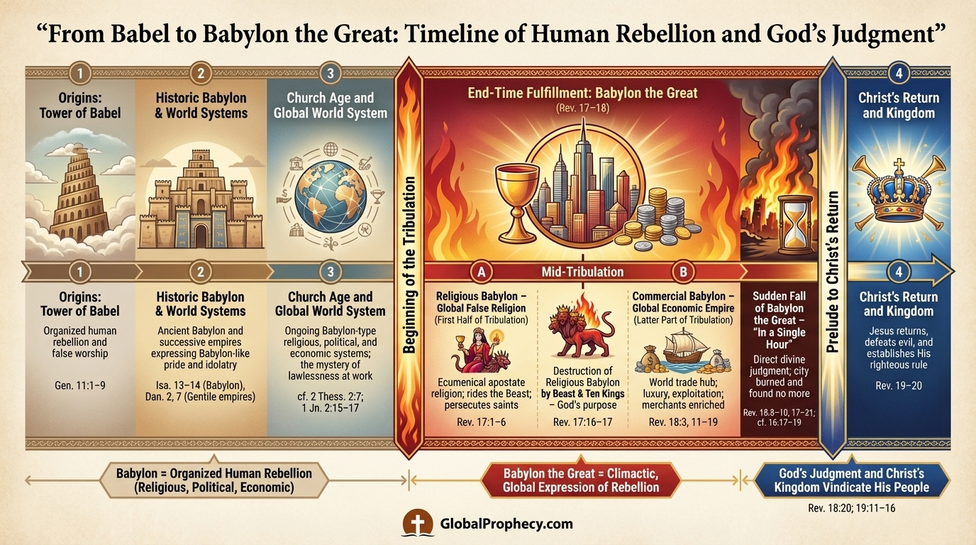 Infographic timeline tracing Babylon from the tower of Babel to the fall of Babylon the Great and Christ’s return.