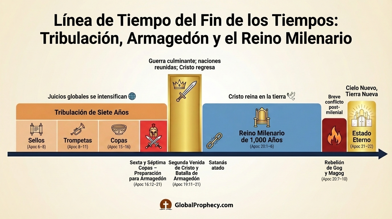 Infografía cronológica de la Tribulación, Armagedón, el regreso de Cristo, el milenio y Gog y Magog.