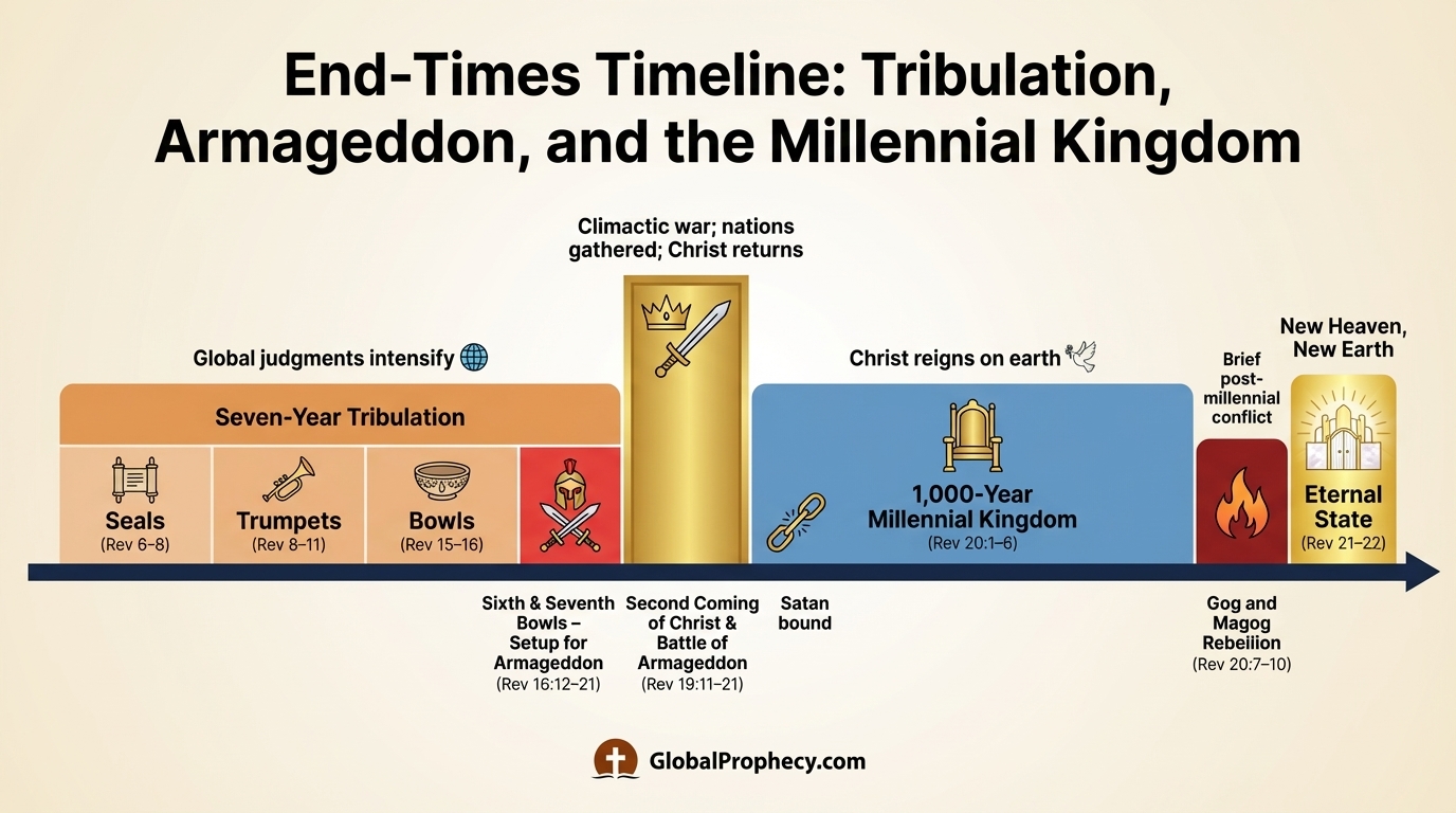 Timeline infographic of the Tribulation, Armageddon, Christâs return, millennium, and Gog and Magog.