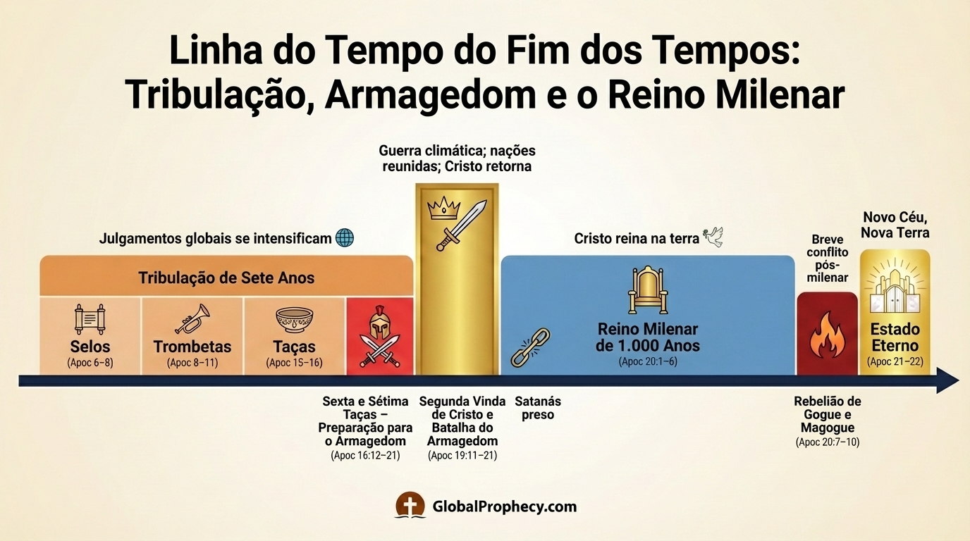 Infográfico cronológico da Tribulação, Armagedom, retorno de Cristo, milênio e Gog e Magog.