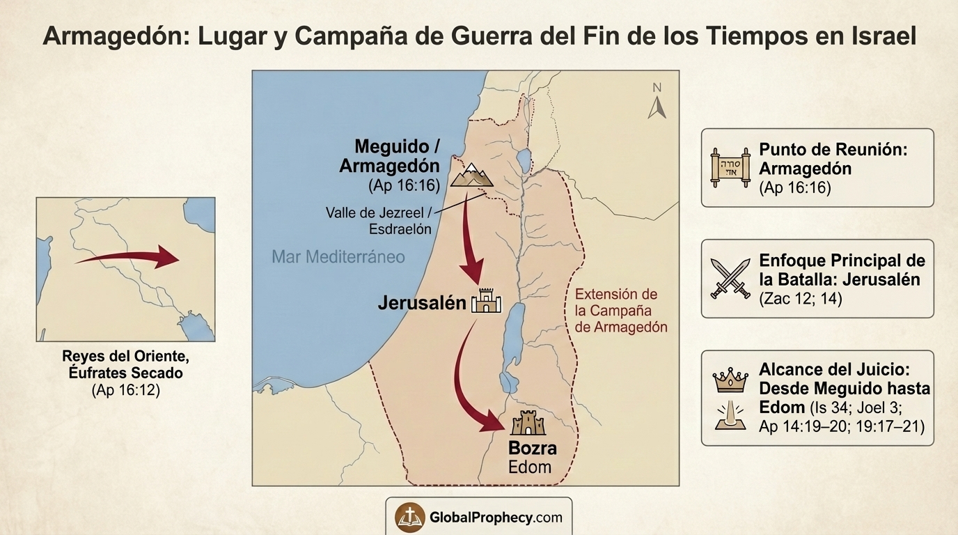 Mapa infográfico que muestra Armagedón como lugar y campaña de guerra del fin de los tiempos en Israel.
