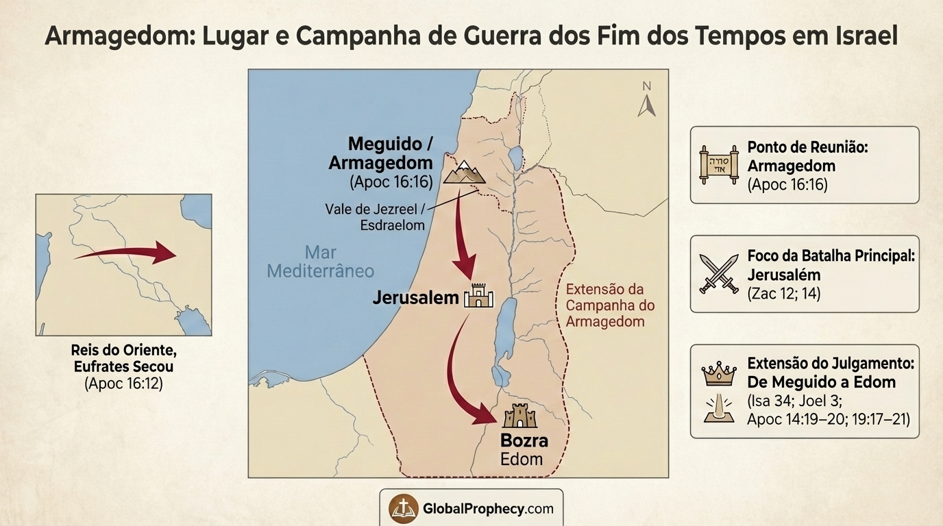 Mapa infográfico mostrando Armagedom como lugar e campanha de guerra do fim dos tempos em Israel.