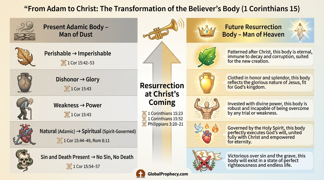 Comparison chart contrasting Adamic body with glorified body patterned after Christ.