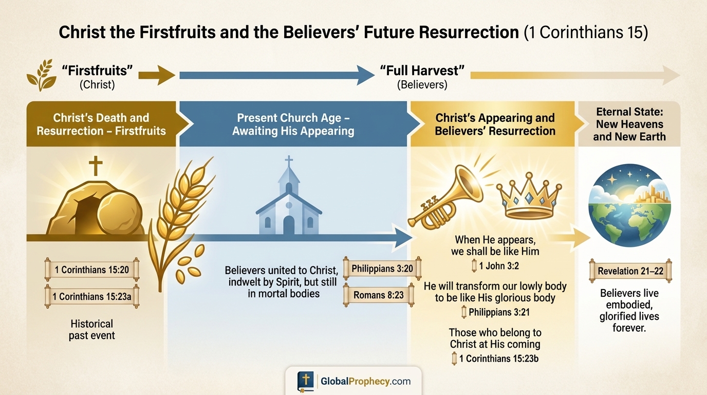 Infographic timeline showing Christ as firstfruits and the future resurrection of believers.