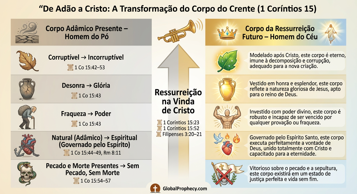 Tabela de comparação entre o corpo adâmico e o corpo glorificado, modelado após Cristo.