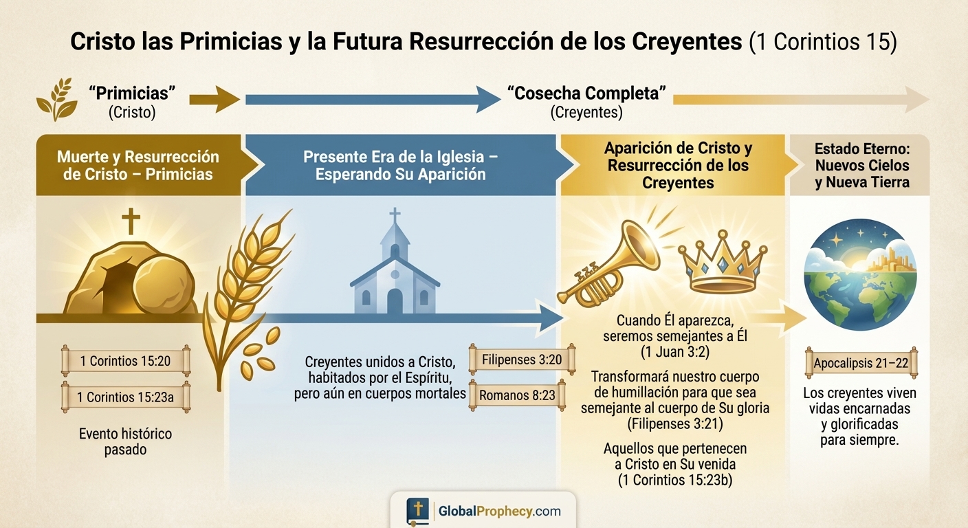 Línea de tiempo infográfica que muestra a Cristo como primicias y la futura resurrección de los creyentes.