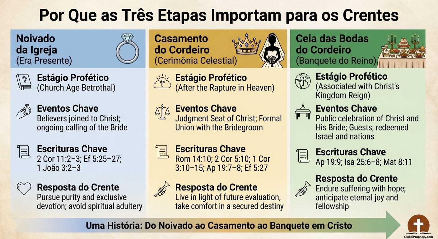 Infográfico mostrando como o noivado, o casamento e o banquete moldam a pureza, a segurança e a esperança cristãs.