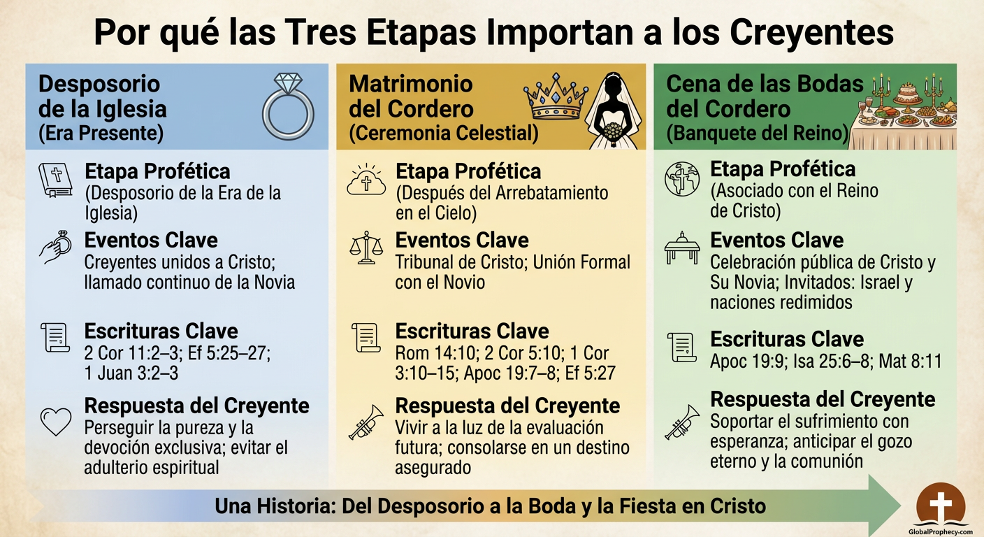 Infografía que muestra cómo el compromiso, el matrimonio y el banquete moldean la pureza, la seguridad y la esperanza cristianas.