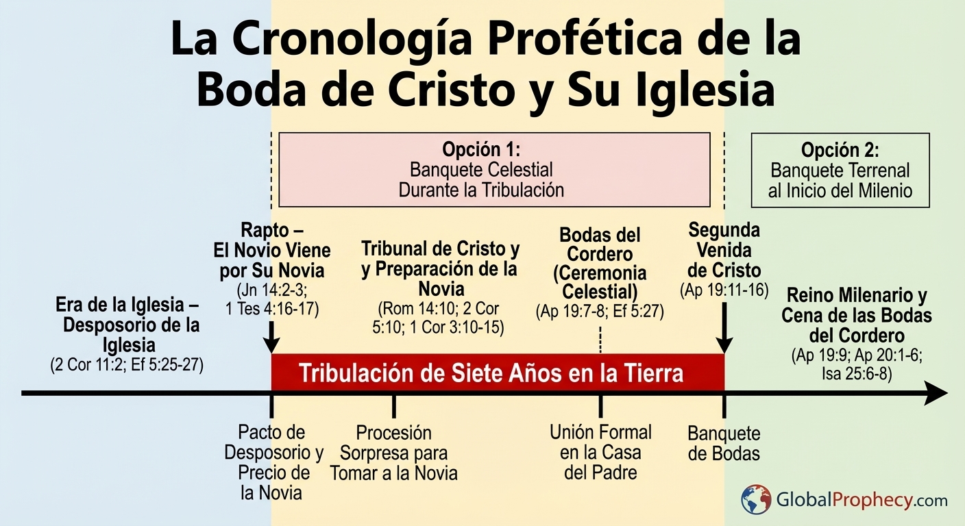 Línea de tiempo infográfica del compromiso, matrimonio y banquete del Cordero en la profecía bíblica.