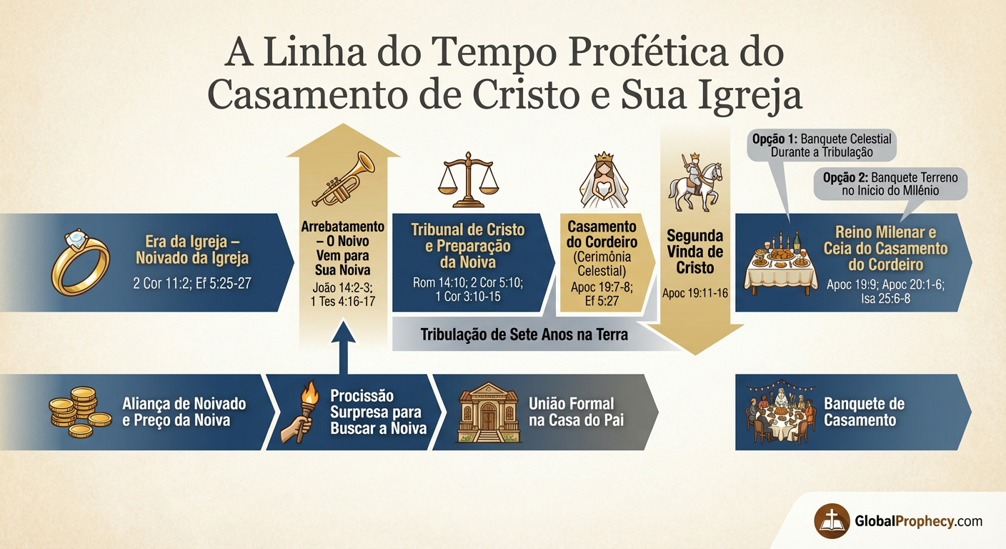 Linha do tempo em infográfico do noivado, casamento e banquete do Cordeiro na profecia bíblica.