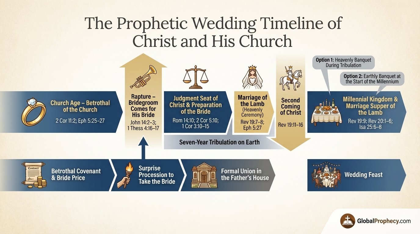 Infographic timeline of the betrothal, marriage, and banquet of the Lamb in biblical prophecy.