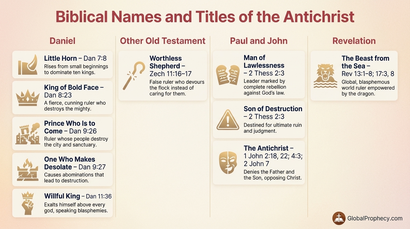 Infographic chart of the main biblical titles and descriptions of the Antichrist.