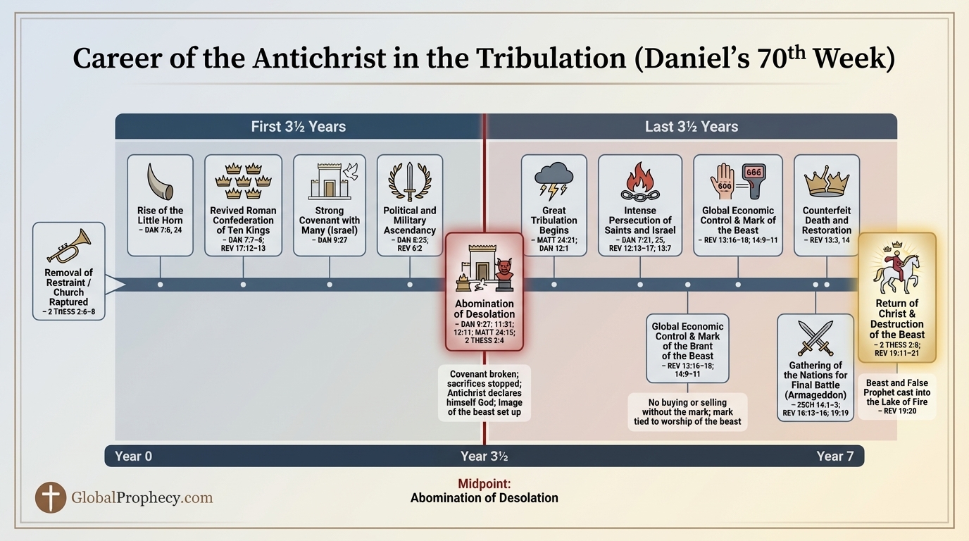 Timeline infographic of the Antichristâs career during the sevenâyear Tribulation.
