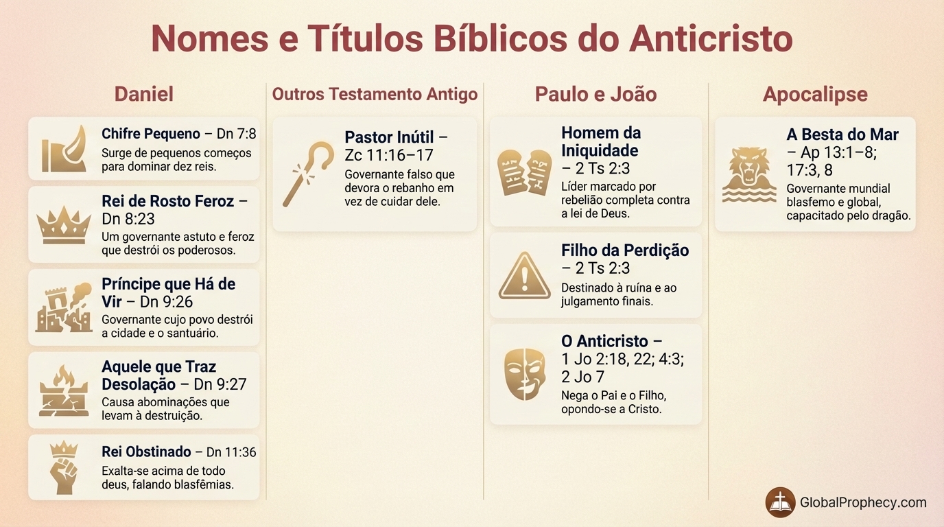 Gráfico informativo dos principais títulos e descrições bíblicas do Anticristo.