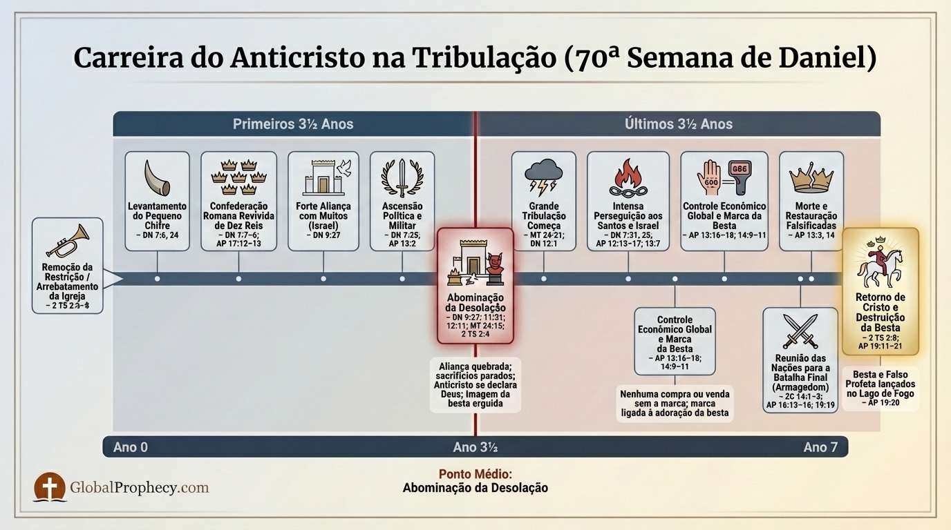 Infográfico cronológico da carreira do Anticristo durante a Tribulação de sete anos.