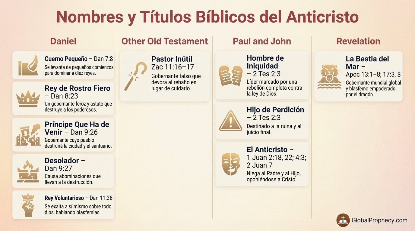 Gráfico informativo de los principales títulos y descripciones bíblicas del Anticristo.