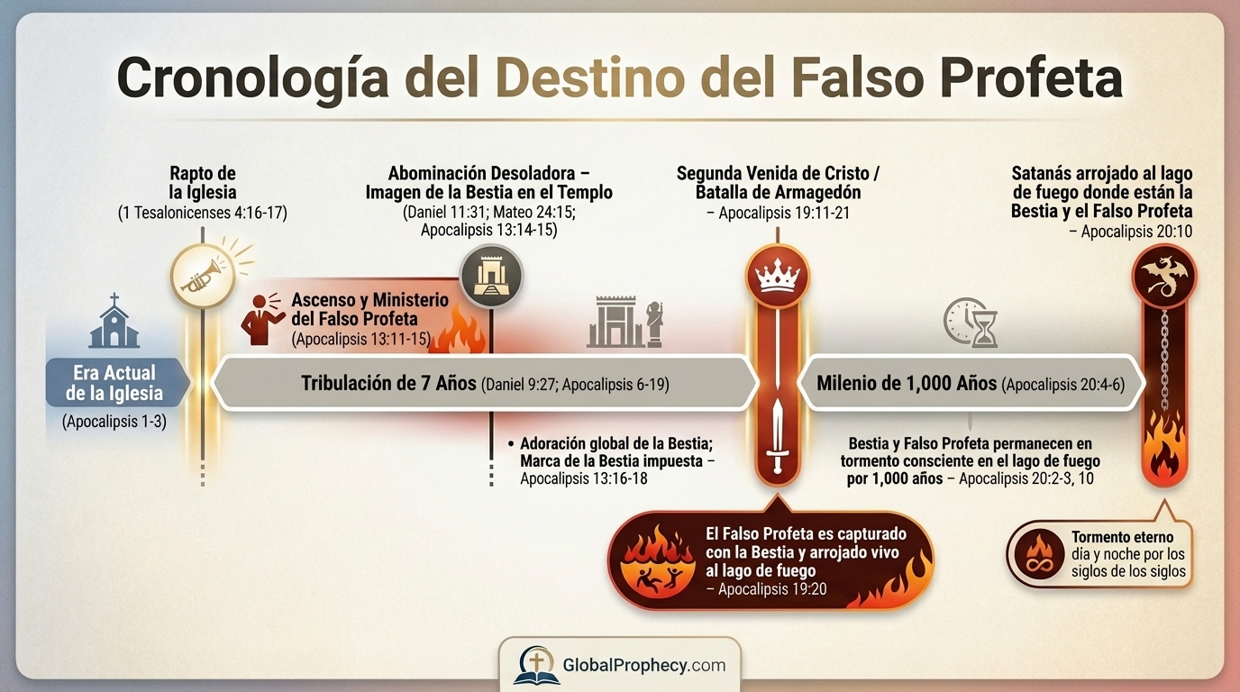 Línea de tiempo profética que muestra el ascenso del Falso Profeta, el juicio en el regreso de Cristo y el destino eterno en el lago de fuego.