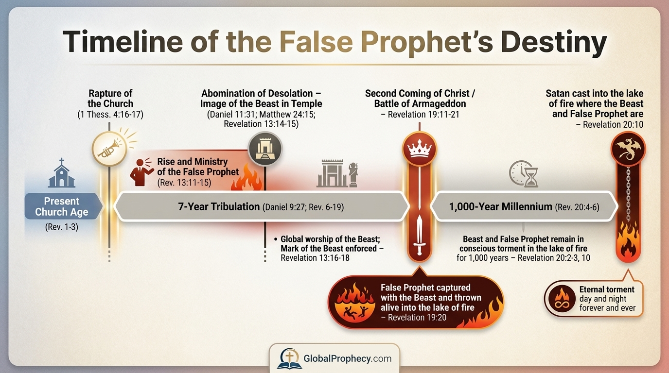 Prophetic timeline showing the False Prophet’s rise, judgment at Christ’s return, and eternal lake of fire destiny.